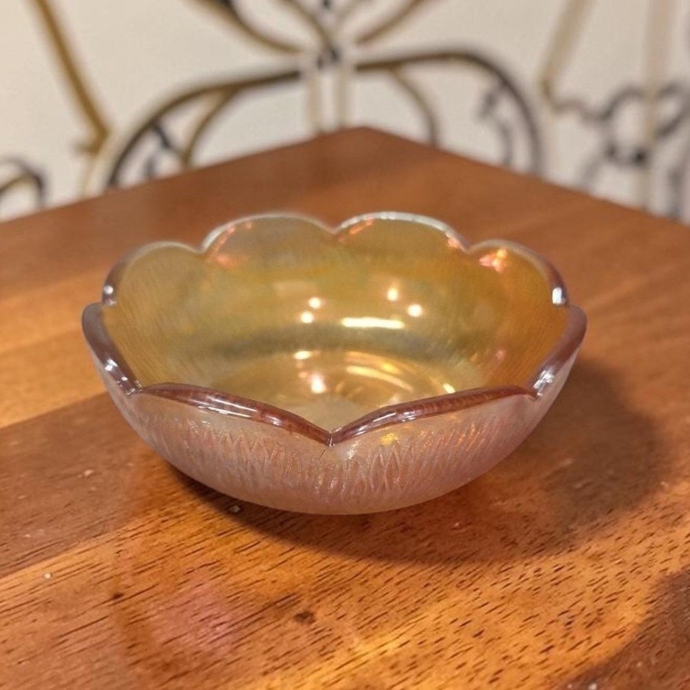 Jeanette Marigold Carnival Glass Berry Bowl, Iridescent Amber Trinket Dish